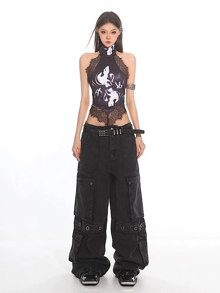 Vintage Wash Cargo Utility Denim Pants