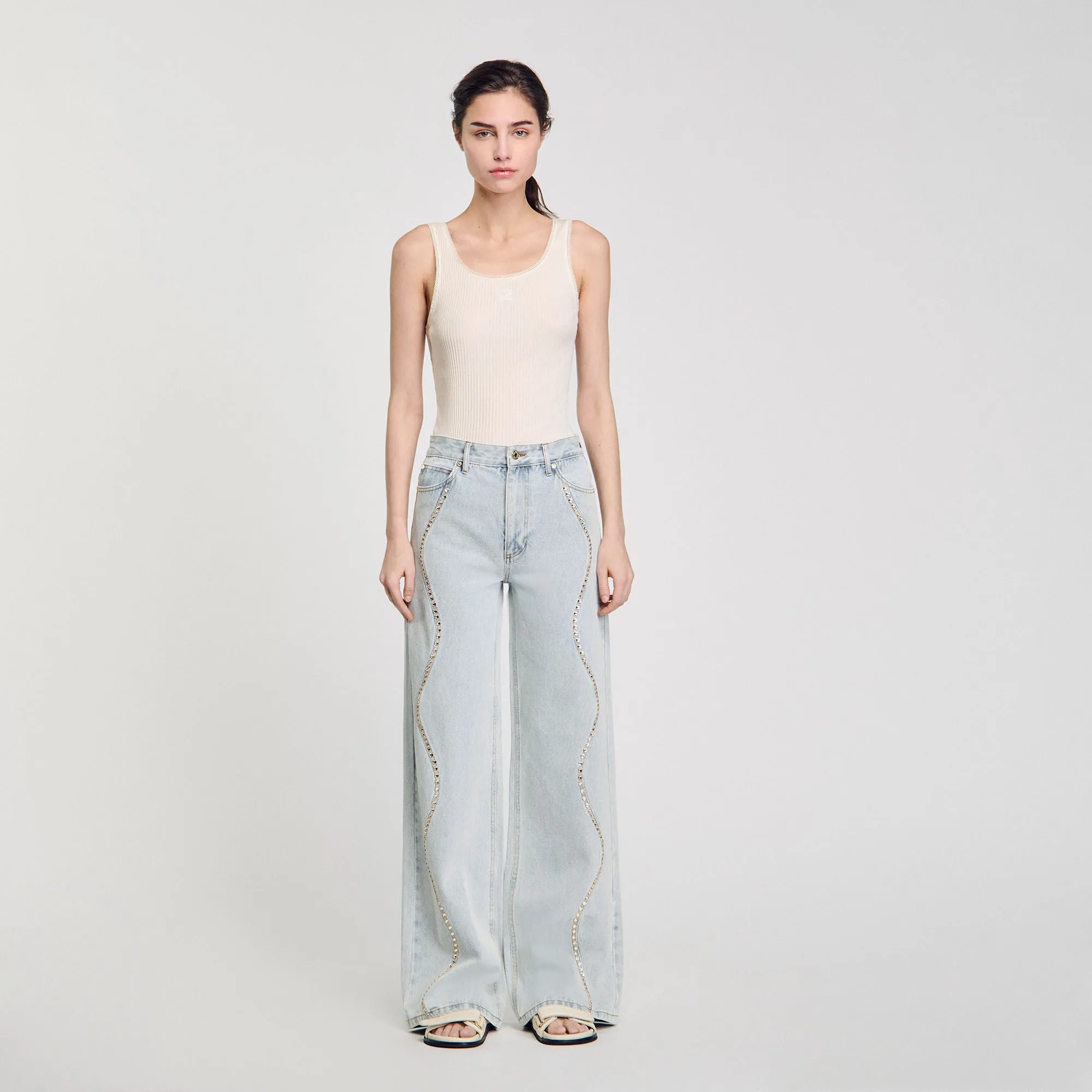 Wavy Jeans With Rhinestone Stripes Light Bu Jean