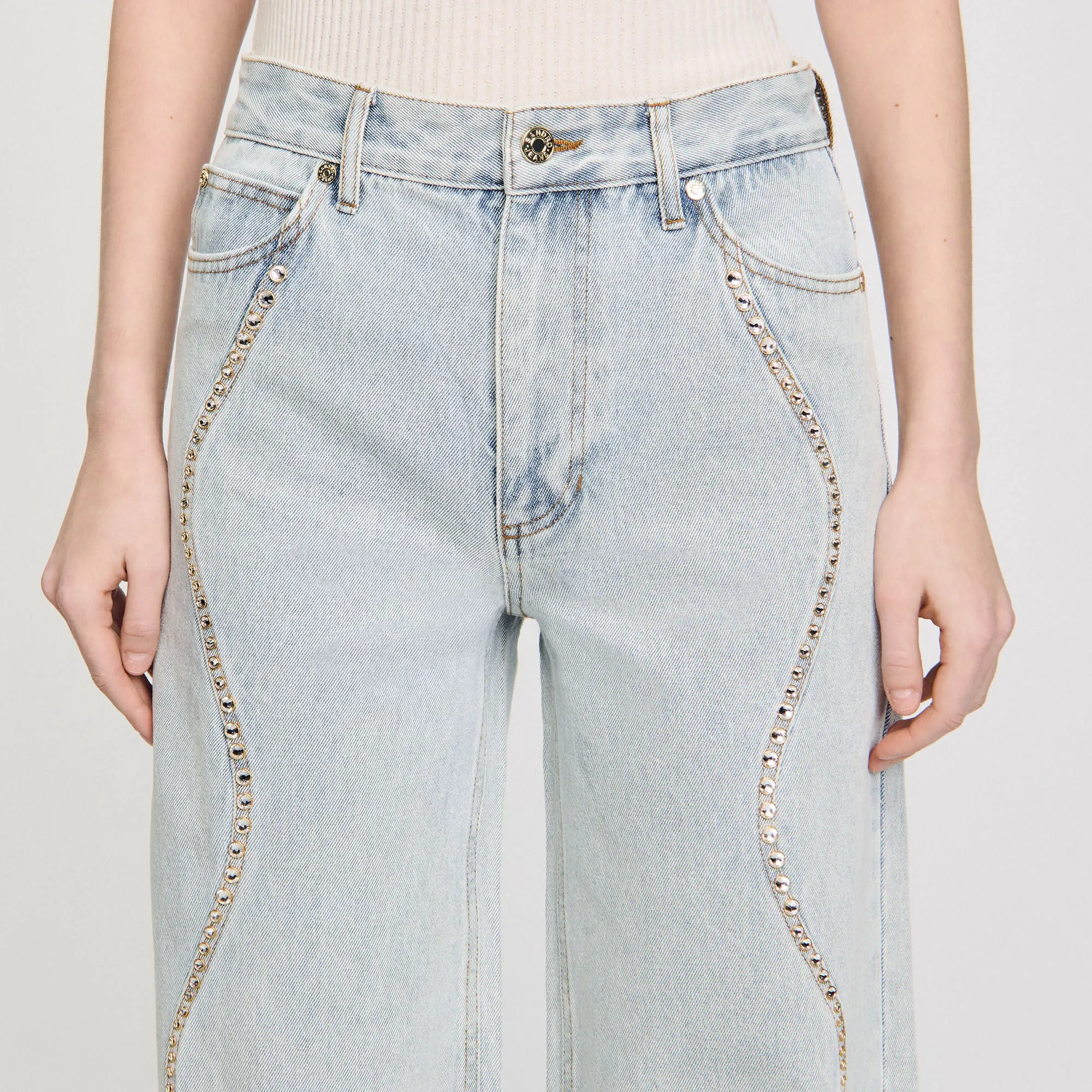 Wavy Jeans With Rhinestone Stripes Light Bu Jean