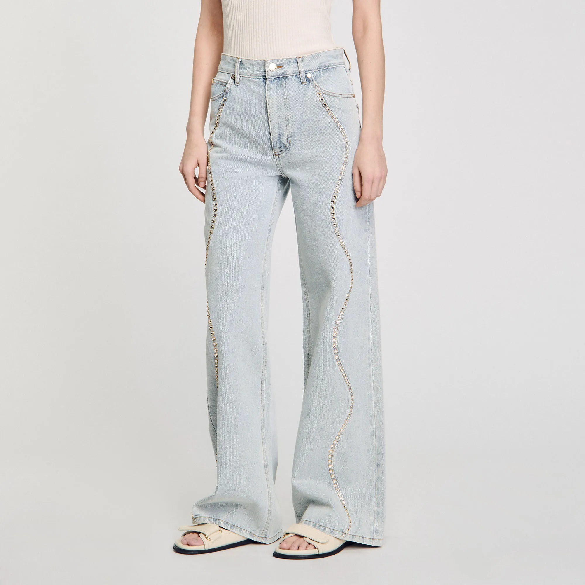 Wavy Jeans With Rhinestone Stripes Light Bu Jean
