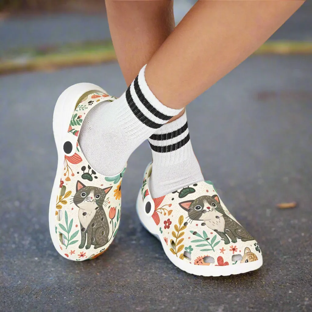 Whimsical Cat Print Kids' Clogs - Fun, Colorful Slip-Ons for Playtime