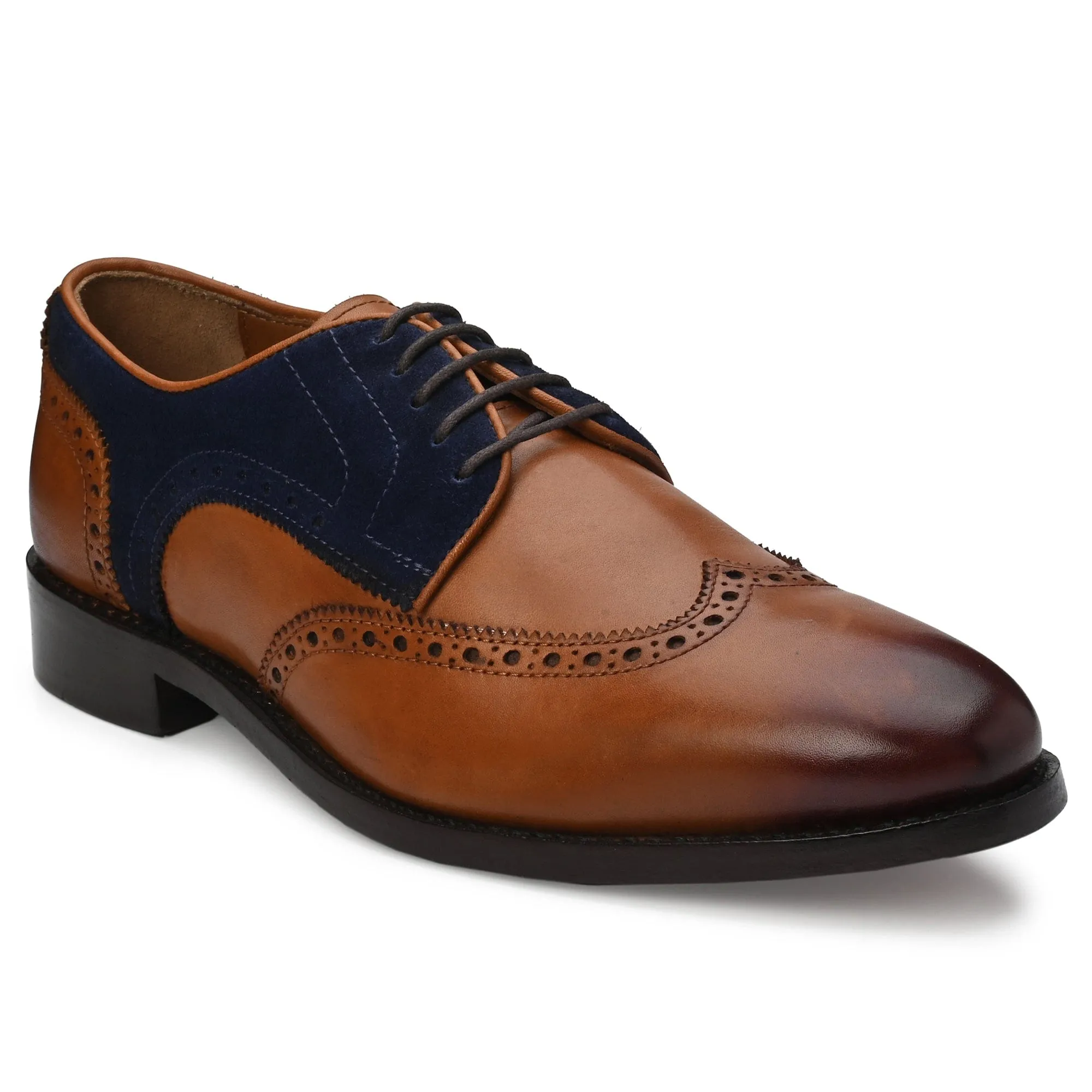 WINGTIP BROGUE TAN ITALIAN ANTIQUE & BLUE SUEDE LEATHER DRESS SHOES GOODYEAR WELTED