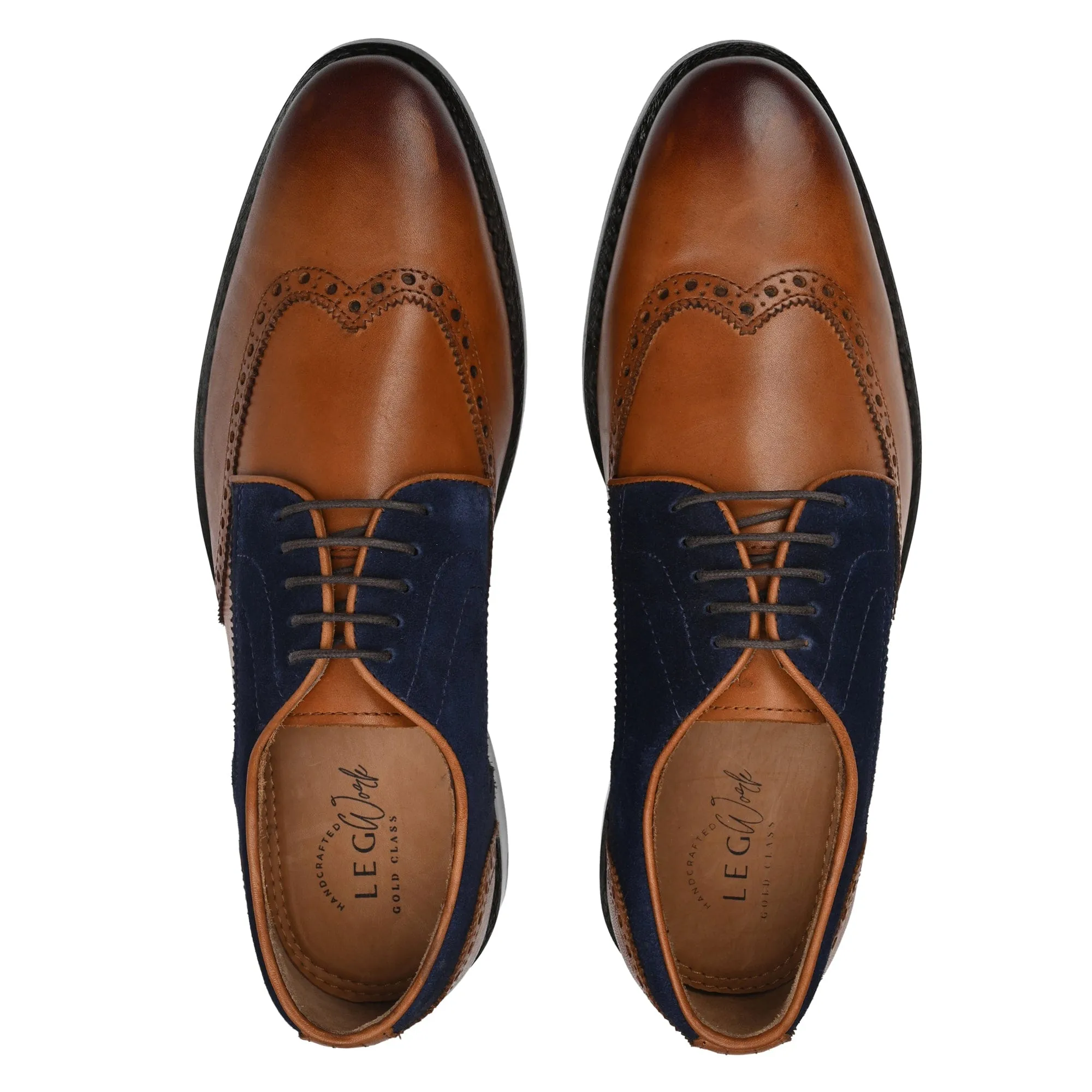 WINGTIP BROGUE TAN ITALIAN ANTIQUE & BLUE SUEDE LEATHER DRESS SHOES GOODYEAR WELTED