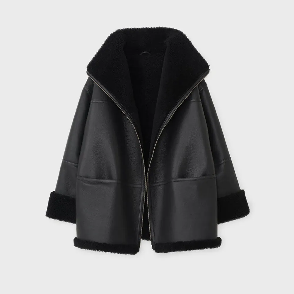 Women B3 RAF Aviator Black Styled Sheepskin Shearling Leather Jacket