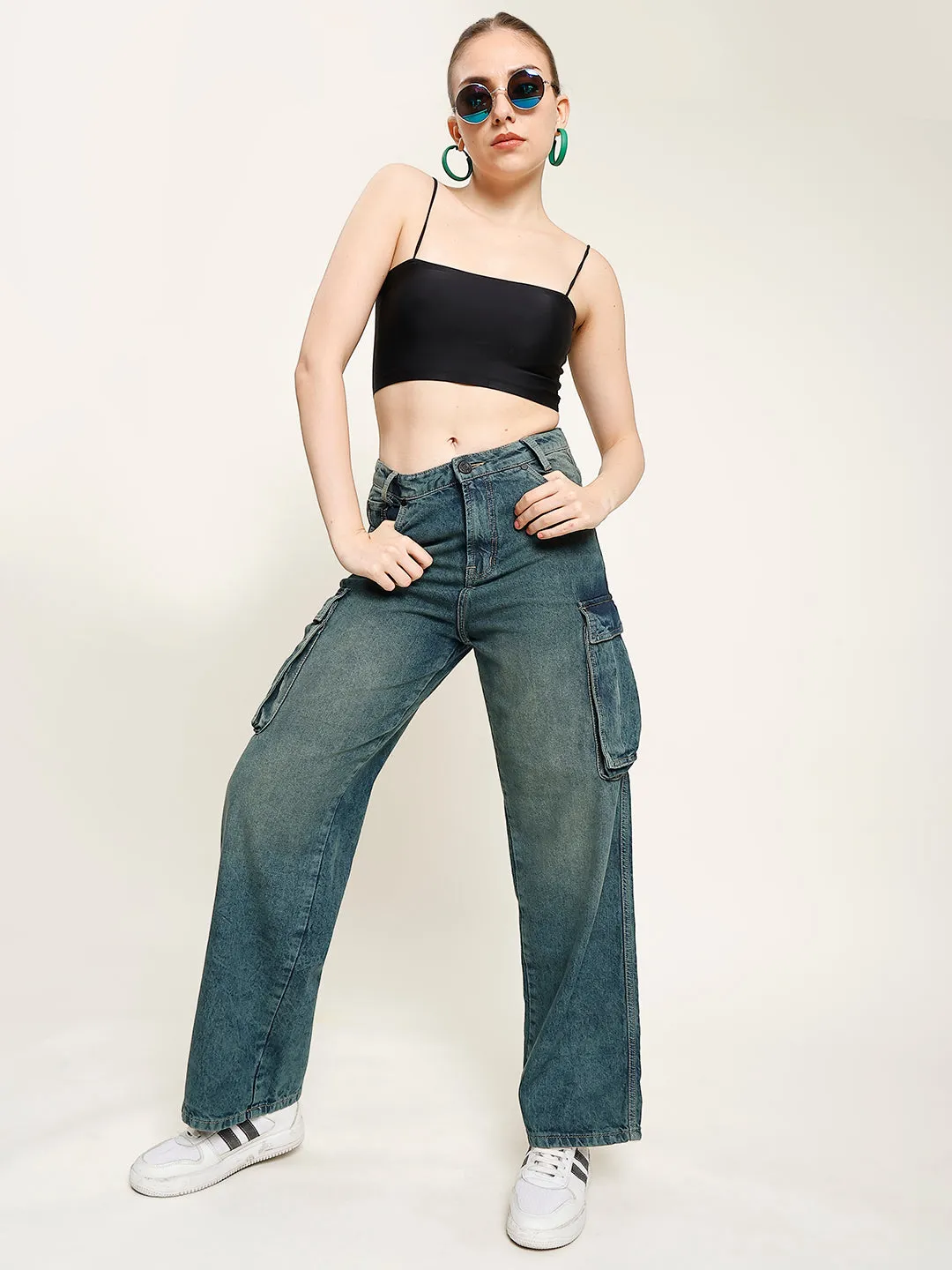 Women Blue-Green Light Faded Cargo Jeans