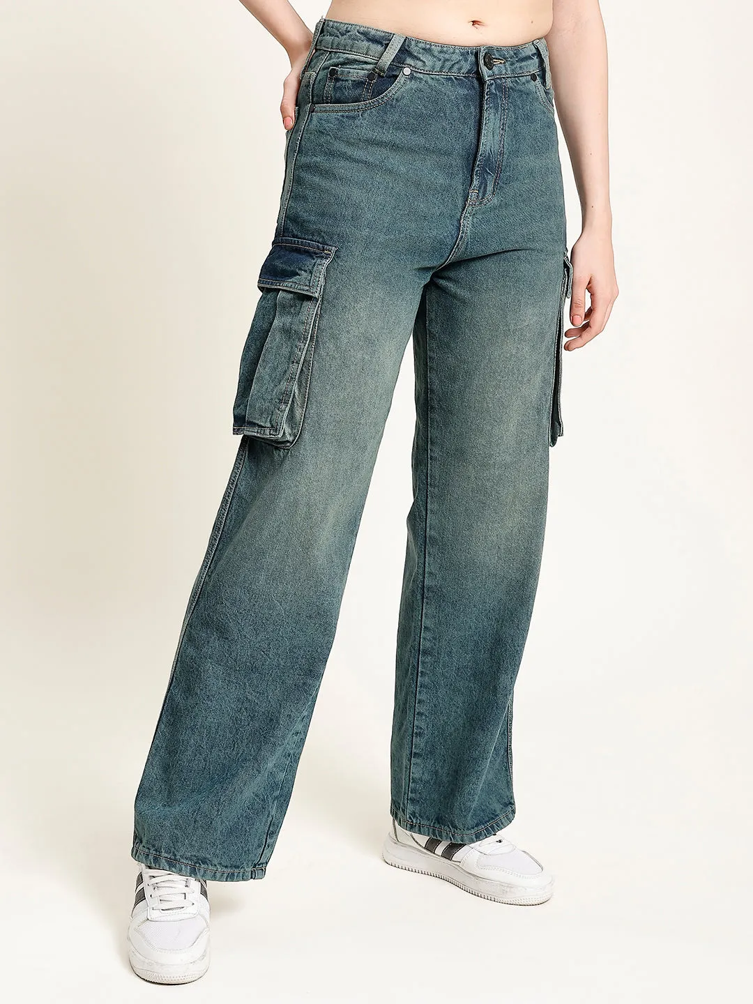 Women Blue-Green Light Faded Cargo Jeans