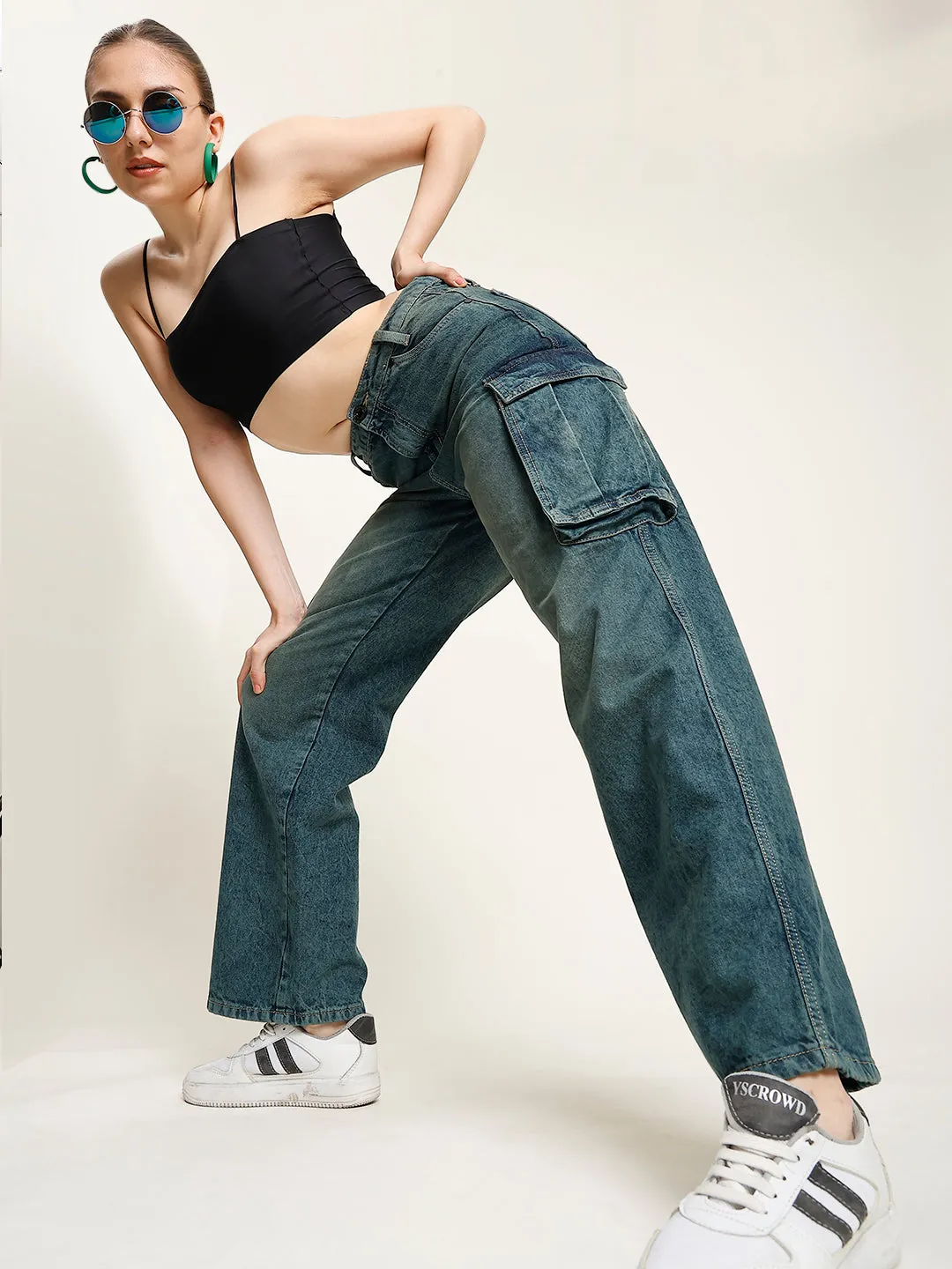 Women Blue-Green Light Faded Cargo Jeans