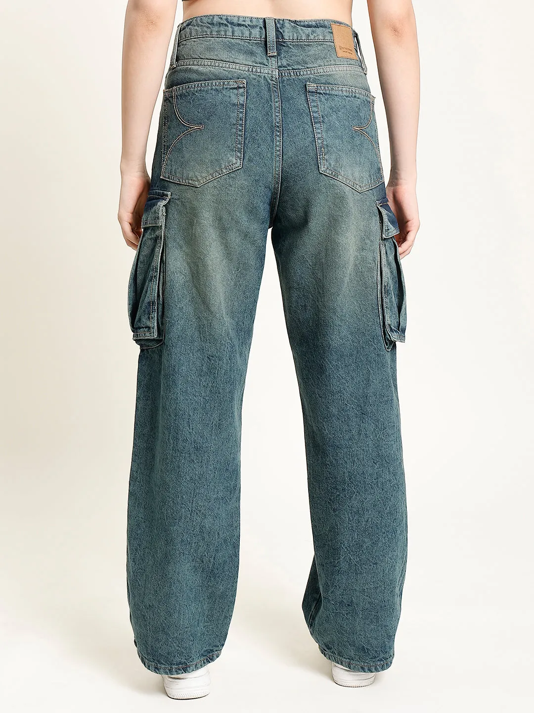Women Blue-Green Light Faded Cargo Jeans