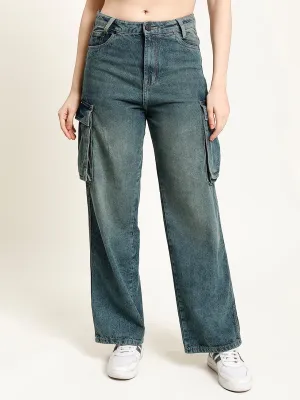 Women Blue-Green Light Faded Cargo Jeans