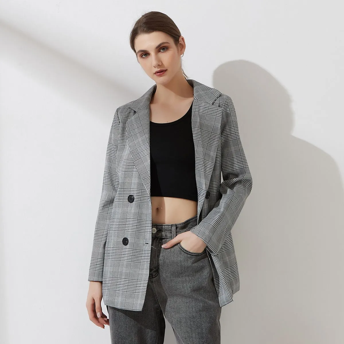 Women Plaid Casual Double Breasted Blazer