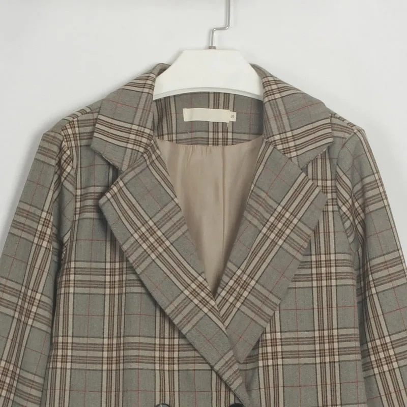 Women Plaid Casual Double Breasted Blazer