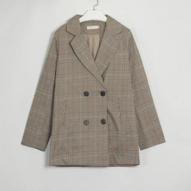 Women Plaid Casual Double Breasted Blazer