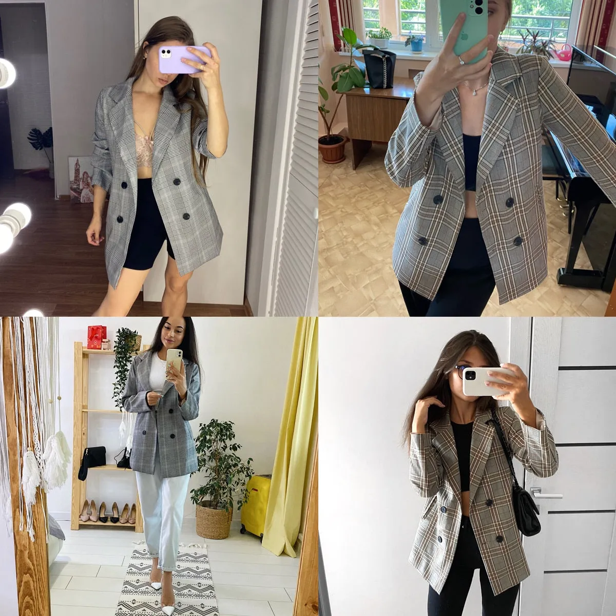 Women Plaid Casual Double Breasted Blazer