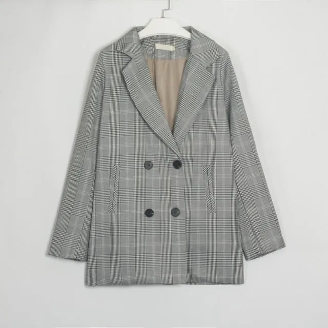 Women Plaid Casual Double Breasted Blazer