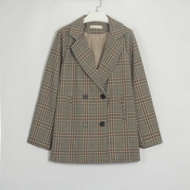 Women Plaid Casual Double Breasted Blazer