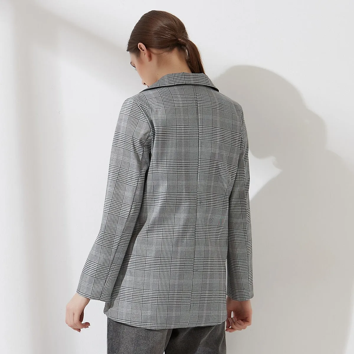 Women Plaid Casual Double Breasted Blazer