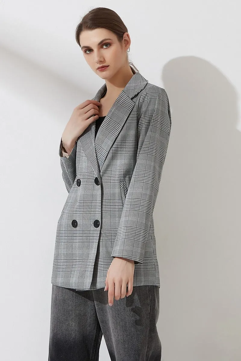 Women Plaid Casual Double Breasted Blazer