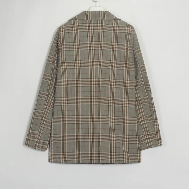 Women Plaid Casual Double Breasted Blazer