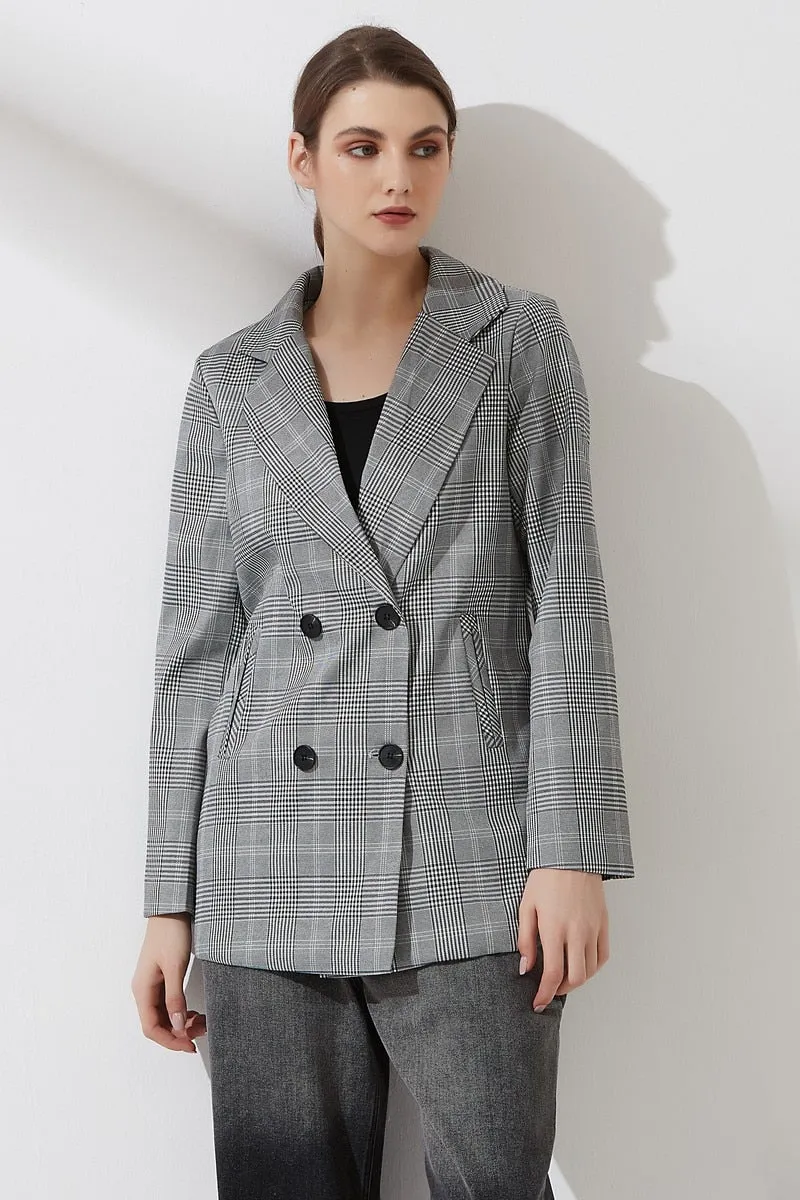 Women Plaid Casual Double Breasted Blazer