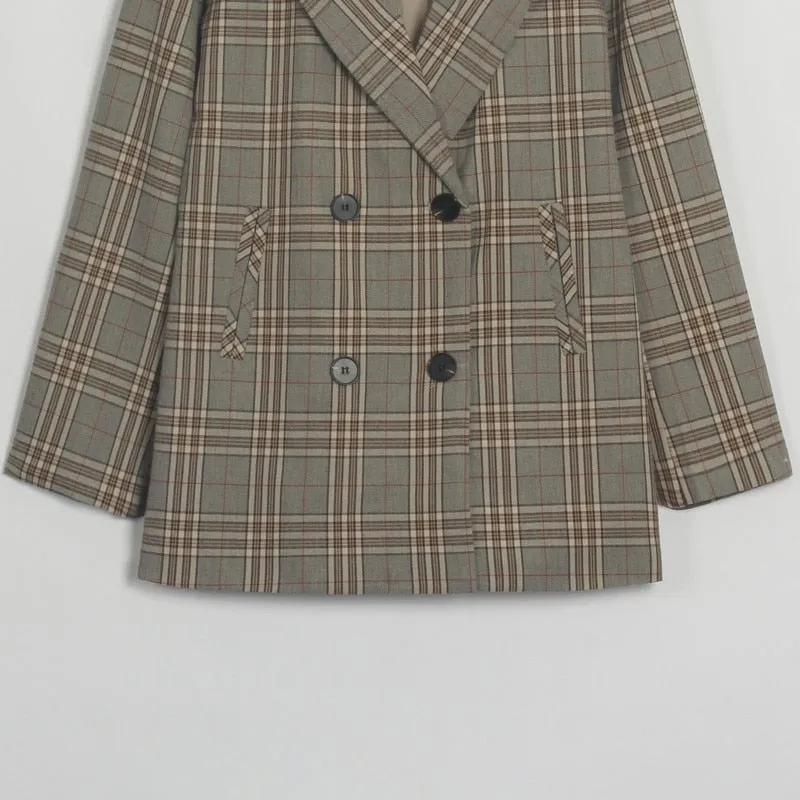Women Plaid Casual Double Breasted Blazer