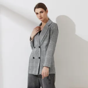 Women Plaid Casual Double Breasted Blazer