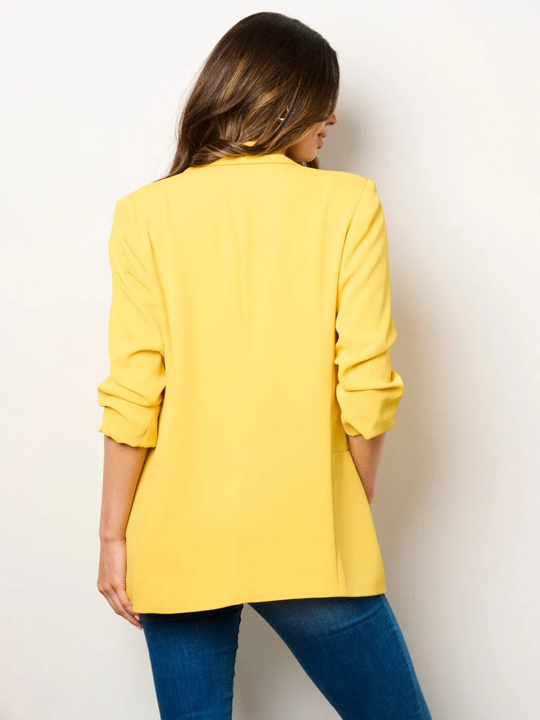 WOMEN'S 3/4 RUCHED SLEEVES OPEN FRONT POCKETS BLAZER