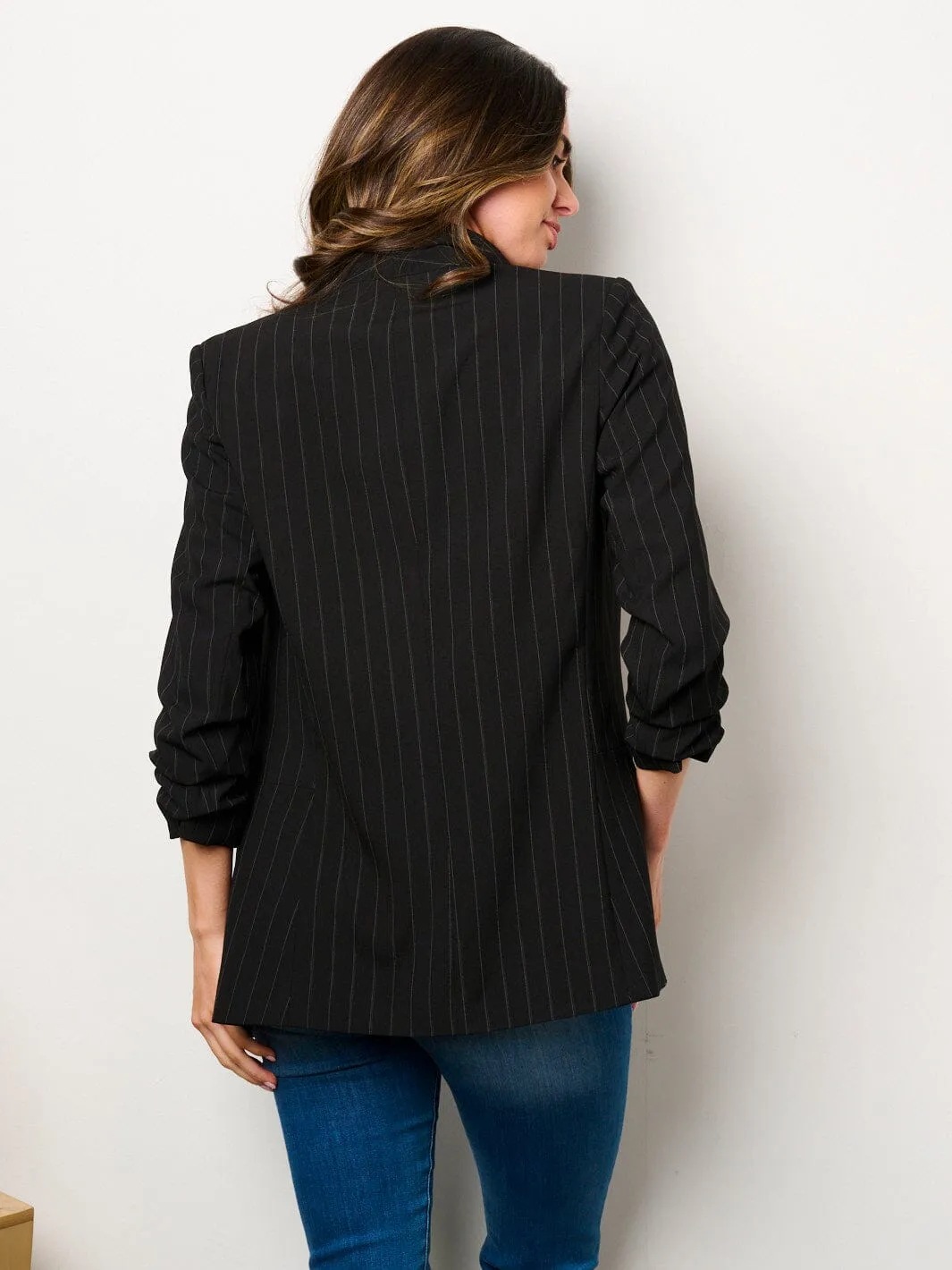 WOMEN'S 3/4 RUCHED SLEEVES OPEN FRONT POCKETS STRIPES BLAZER