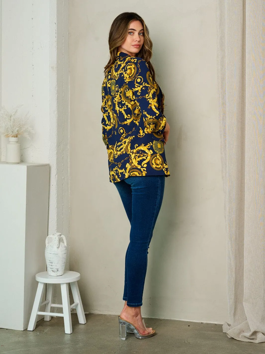 WOMEN'S 3/4 SLEEVE OPEN FRONT MULTI PRINT BLAZER