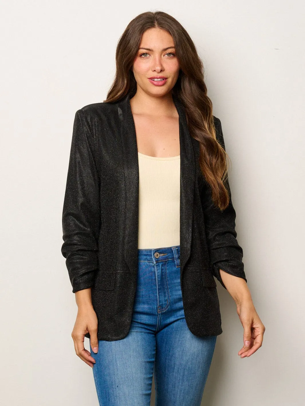 WOMEN'S 3/4 SLEEVES OPEN FRONT SHIMMER BLAZER