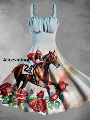 Women's Derby Day Art Print Vintage Suspender Dress Derby Dress