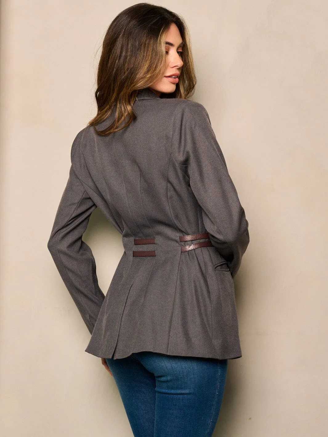 WOMEN'S LONG SLEEVE FRONT BELT BLAZER