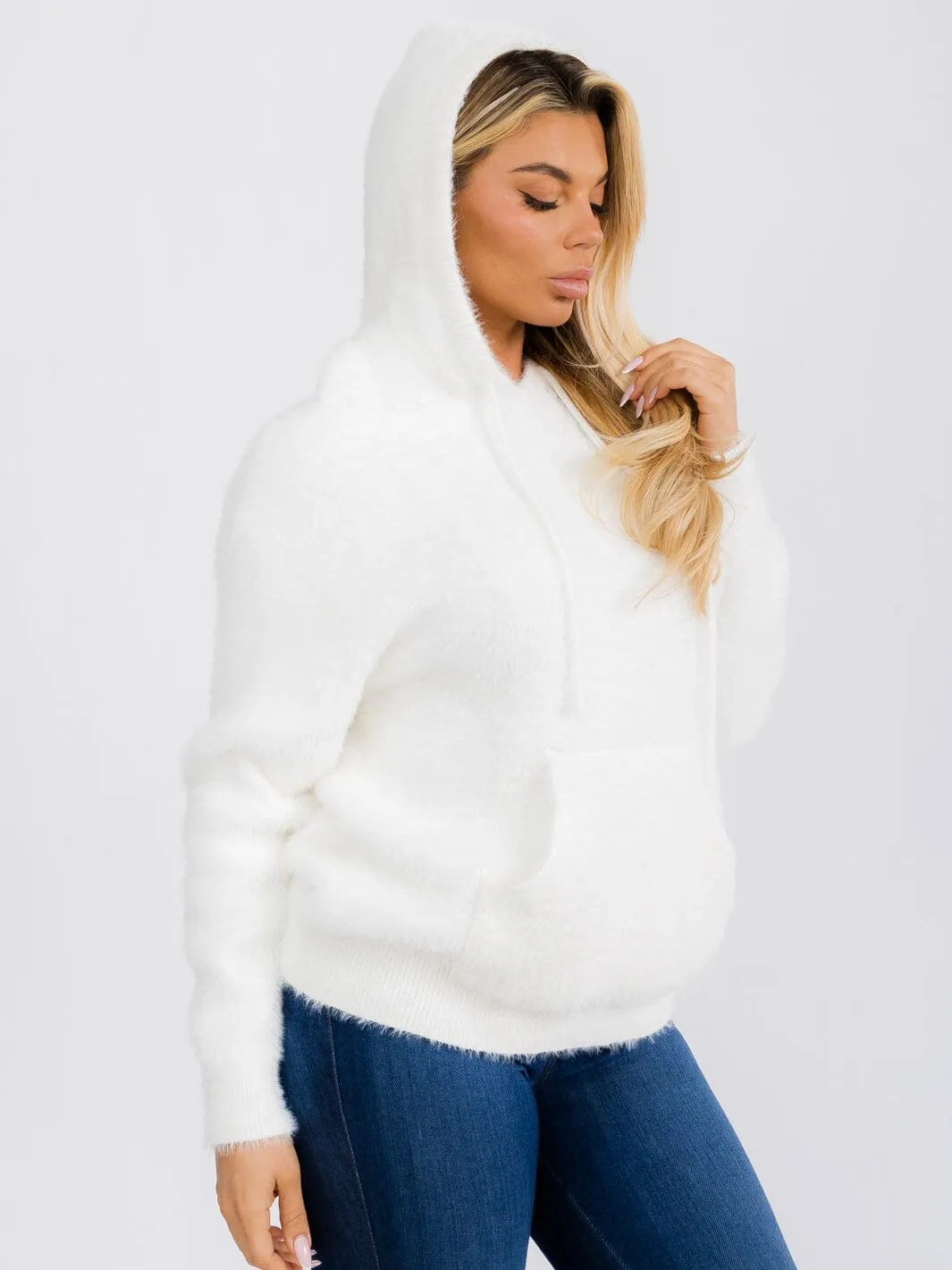 WOMEN'S LONG SLEEVE FRONT POCKET HOODED PULLOVER FUZZY SWEATER