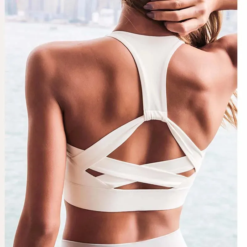 Women's White Strap Push-Up Sports Bra - Gym Running Yoga Top Bra, Athletic Vest Hollow Out Sportswear Underwear