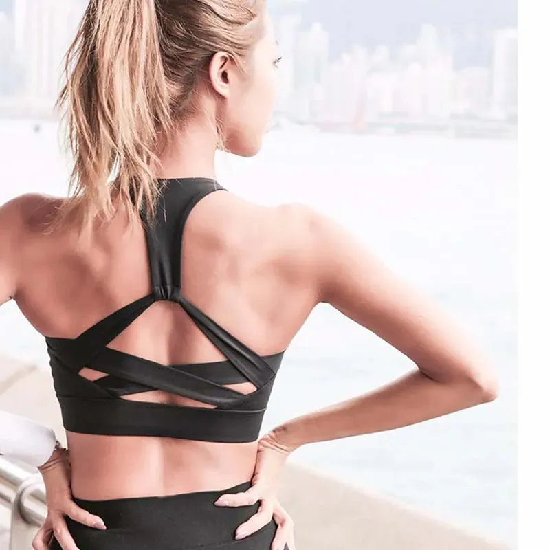 Women's White Strap Push-Up Sports Bra - Gym Running Yoga Top Bra, Athletic Vest Hollow Out Sportswear Underwear