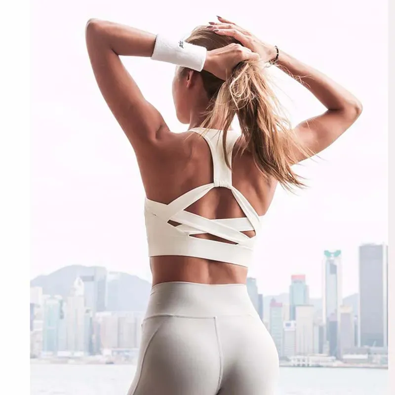 Women's White Strap Push-Up Sports Bra - Gym Running Yoga Top Bra, Athletic Vest Hollow Out Sportswear Underwear