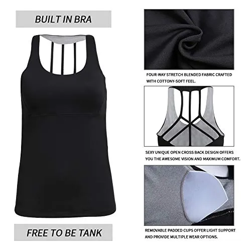 Women’s Yoga Tops Activewear Workout Shirts Sports Racerback Strappy Tank Tops with Built-in Support Bra Purplish Red