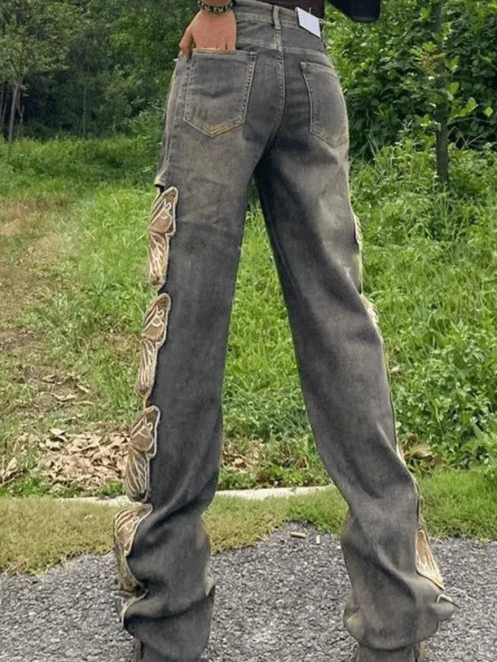 Y2K Schmetterlingsstickerei Rissen Baggy Jeans