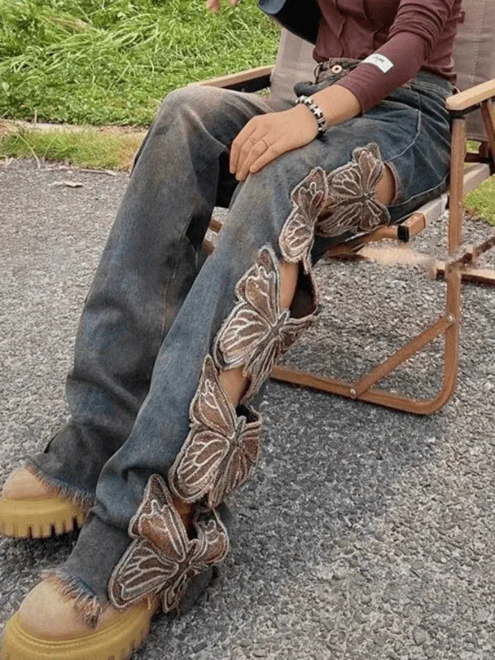 Y2K Schmetterlingsstickerei Rissen Baggy Jeans