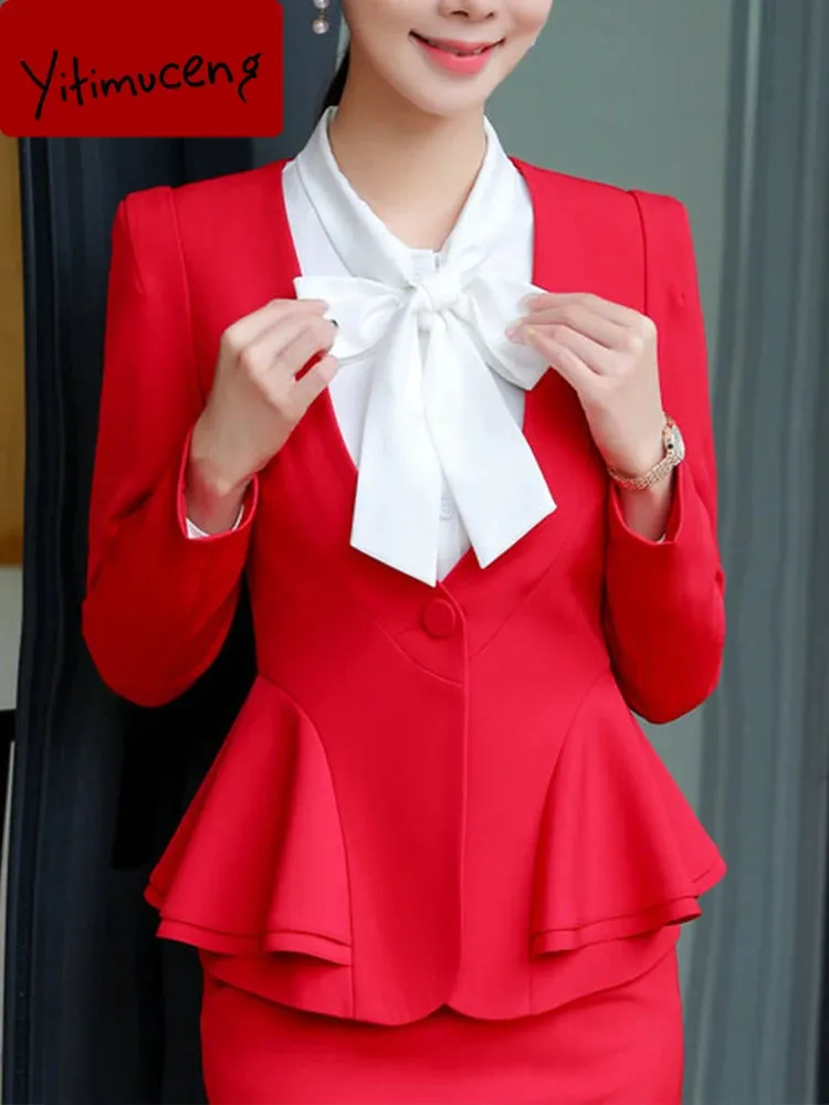 Yitimuceng Office Ladies Two Piece Sets Womens Outifits 2023 New Long Sleeve Single Button Blazers Elegant Slim Mini Skirt Suits