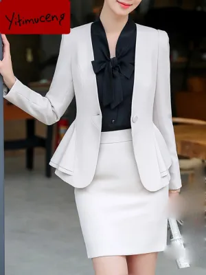Yitimuceng Office Ladies Two Piece Sets Womens Outifits 2023 New Long Sleeve Single Button Blazers Elegant Slim Mini Skirt Suits